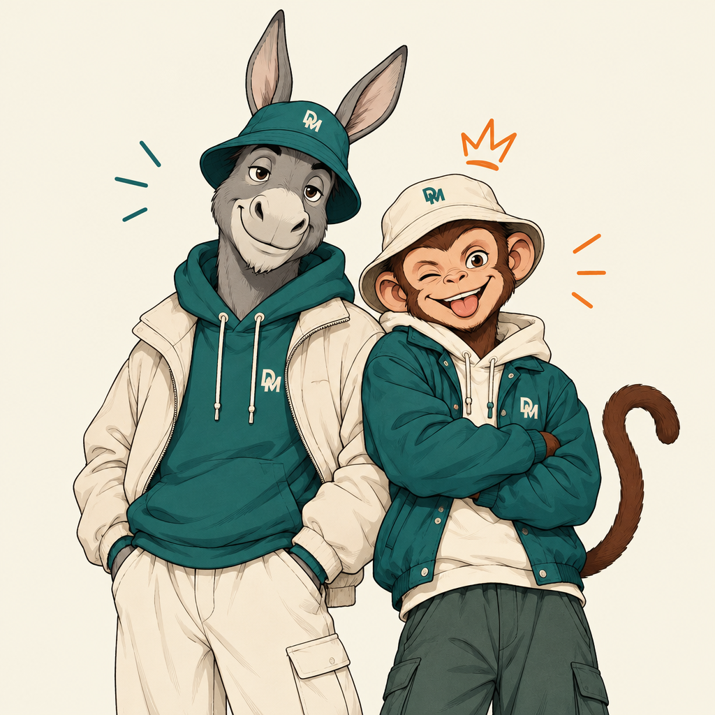 Dongy the donkey and Mongy the monkey standing side by side in premium streetwear, with clean line art and modern fashion styling