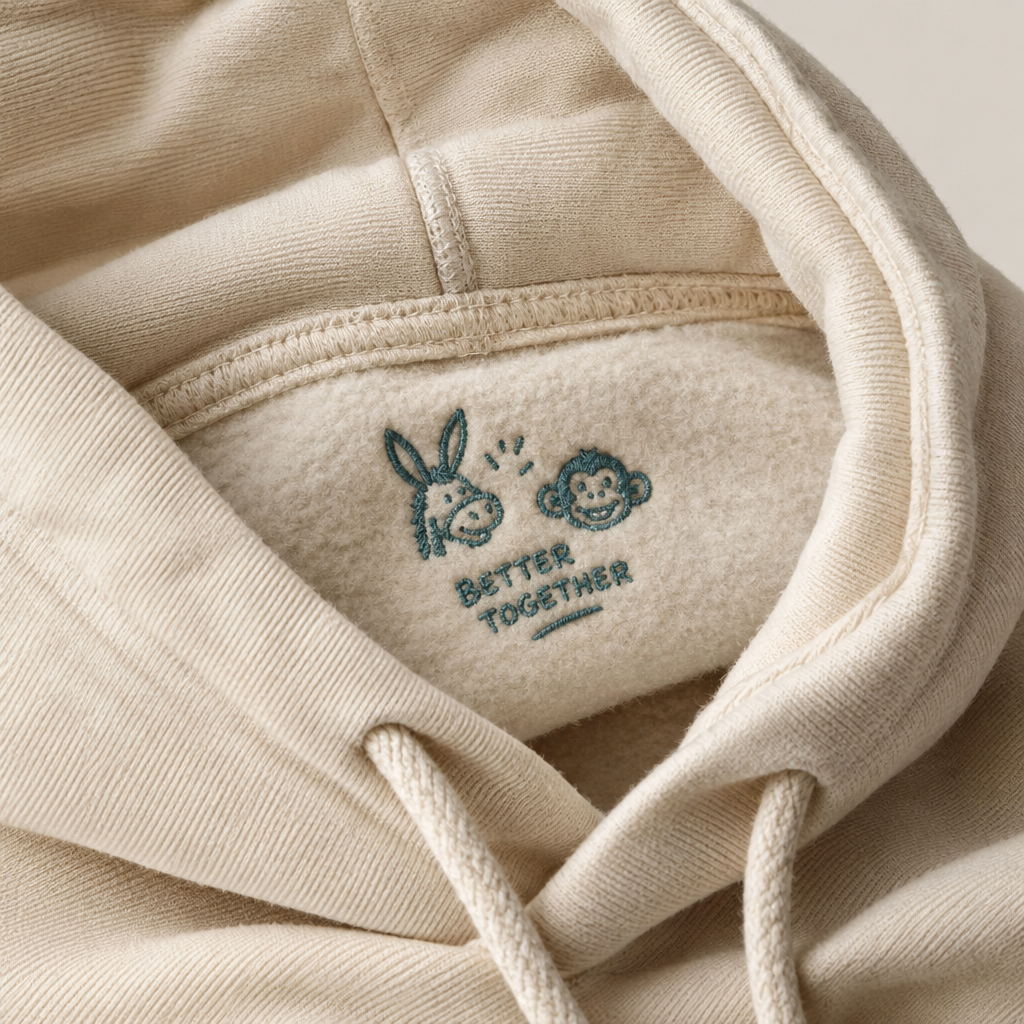 Placeholder close-up of hoodie interior lining with hidden embroidered joke text