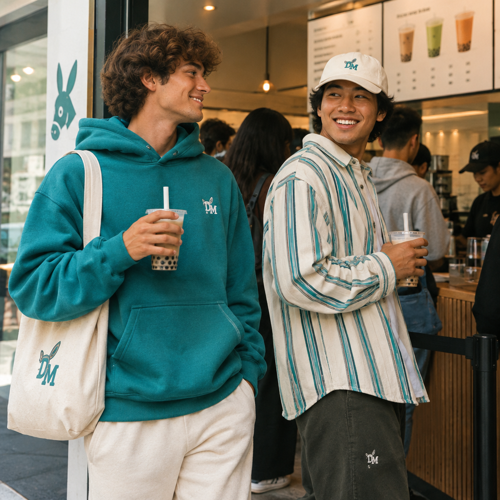 Casual street photo in a boba queue with one friend in a teal hoodie and one in a cream hat