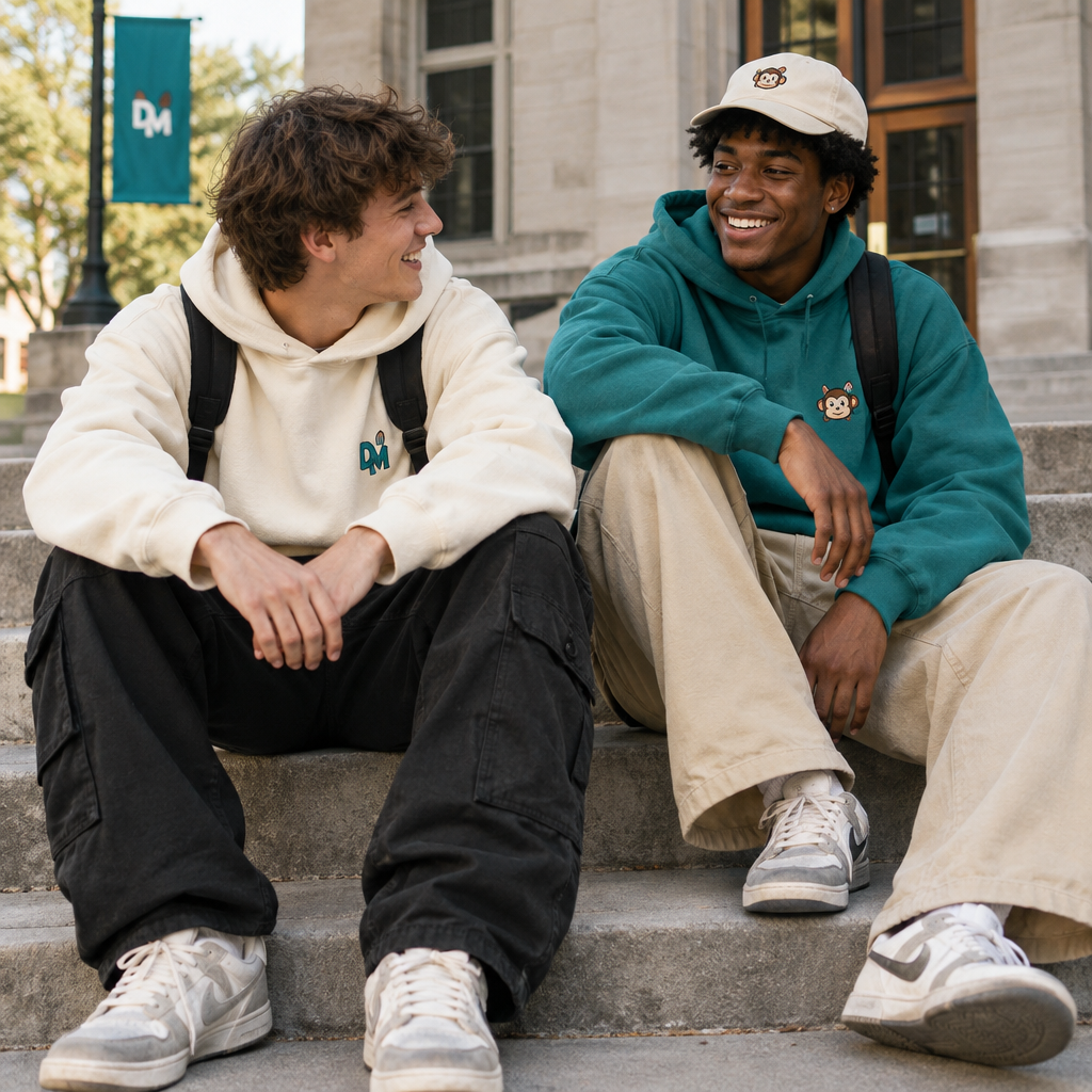 Two friends in oversized cream and teal hoodies posing on concrete campus steps