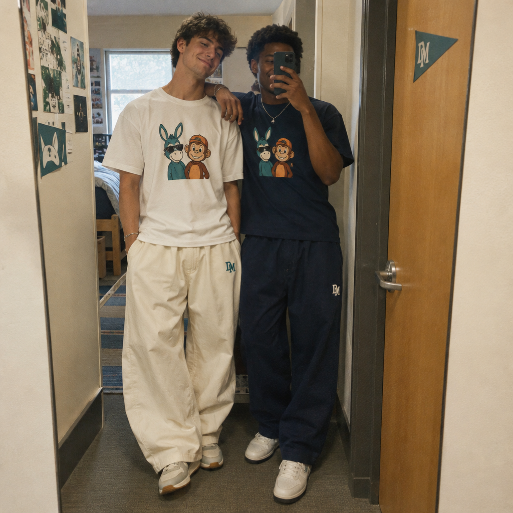 Mirror selfie in a dorm hallway showing matching graphic tees and wide-leg Bahama pants