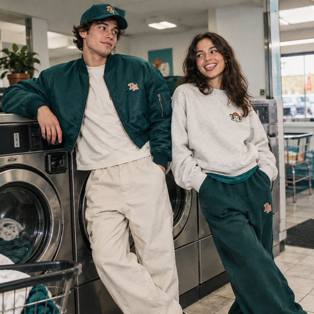 Two college friends leaning on a silver laundromat machine wearing playful premium streetwear layers
