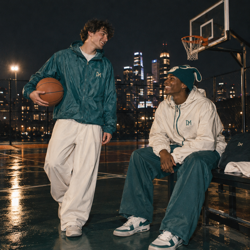 Nighttime basketball court snapshot with reflective jackets and relaxed wide-fit streetwear pants