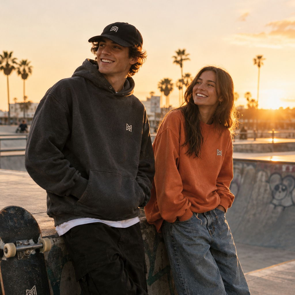 Streetwear duo in black cap and orange sweatshirt at a skate ramp with sunset light