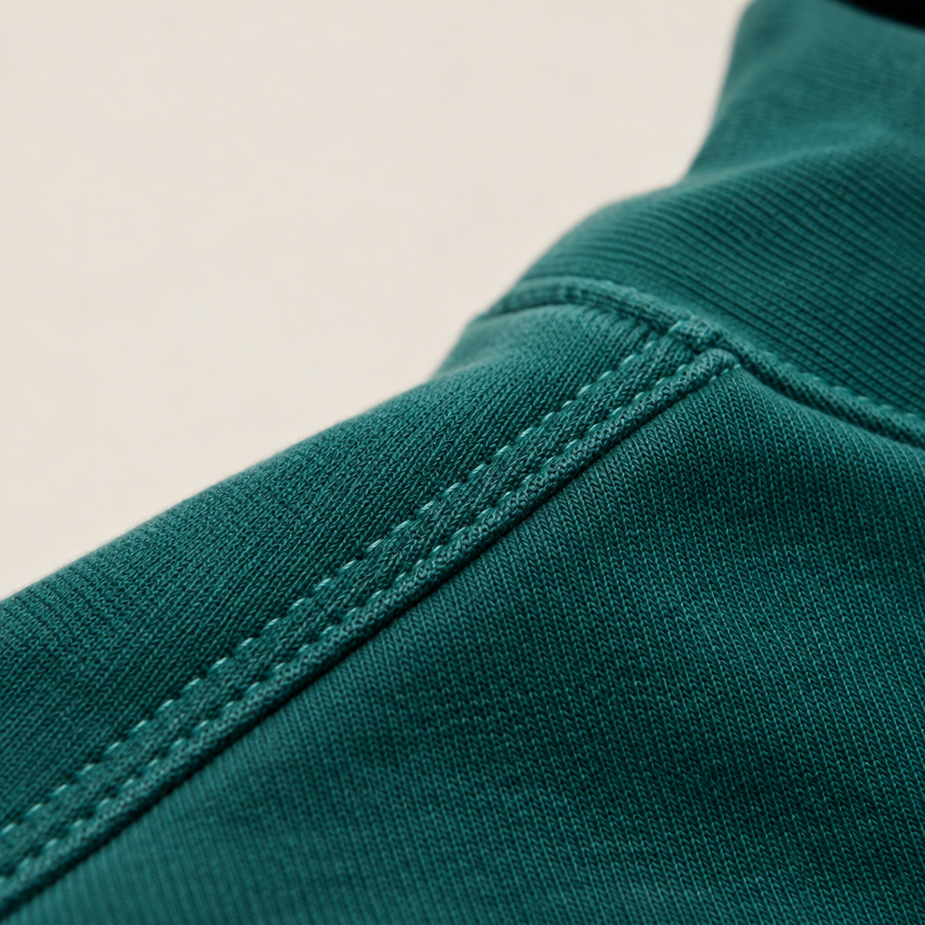 Placeholder macro close-up of reinforced stitching along a streetwear sweatshirt seam