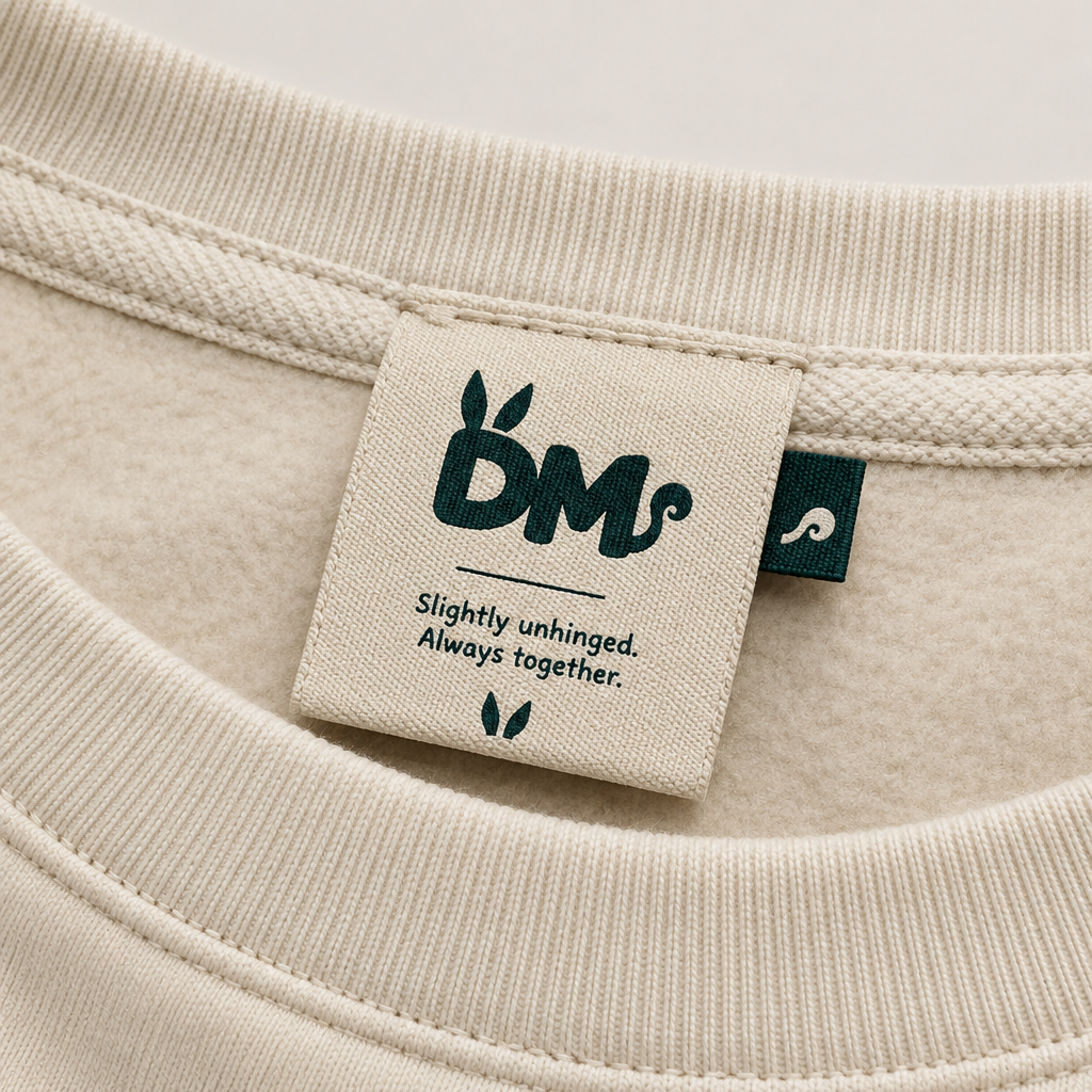 Placeholder close-up of woven garment tag with playful hidden text detail