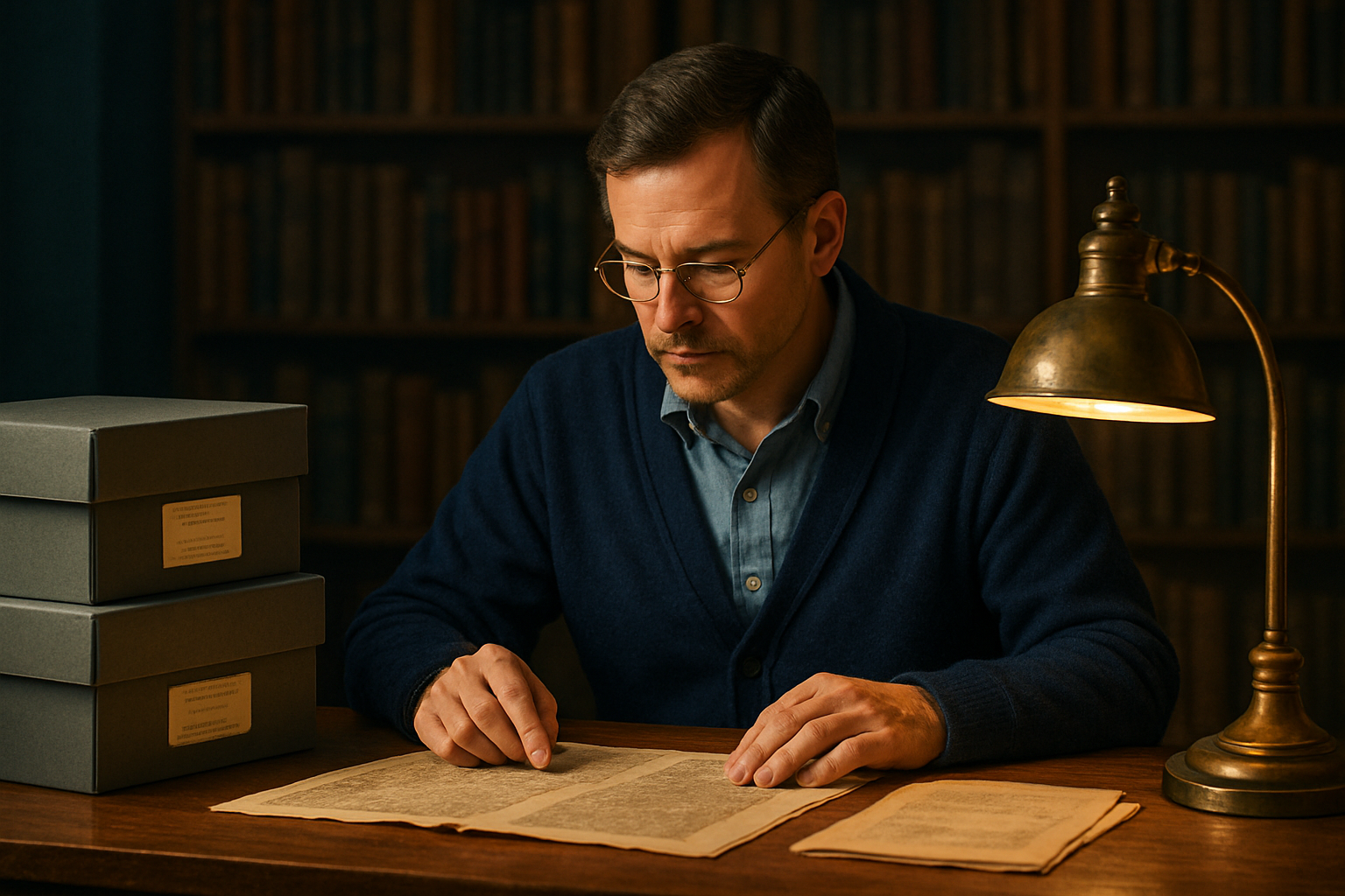 Researcher reviewing historic documents at a wooden table with archival boxes and soft lamp light