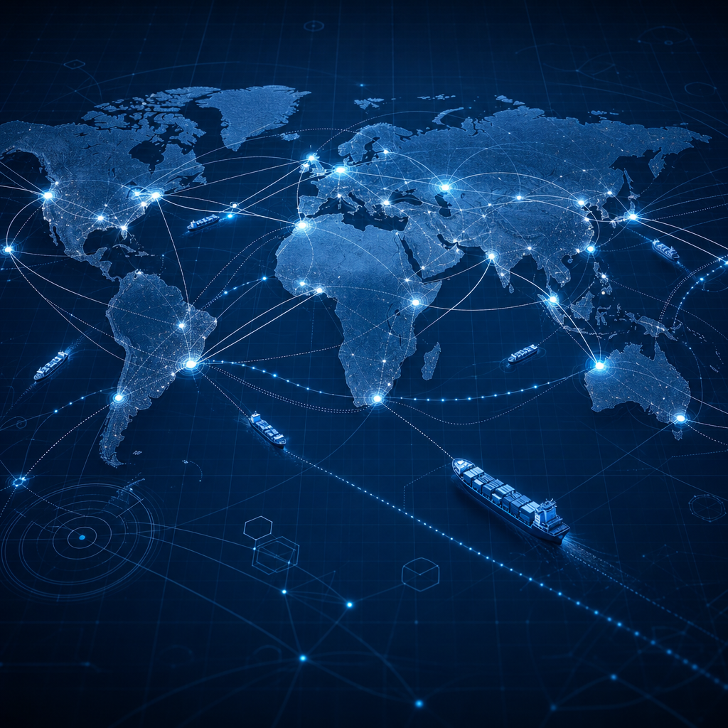 Abstract technical network diagram with interconnected nodes and maritime route lines