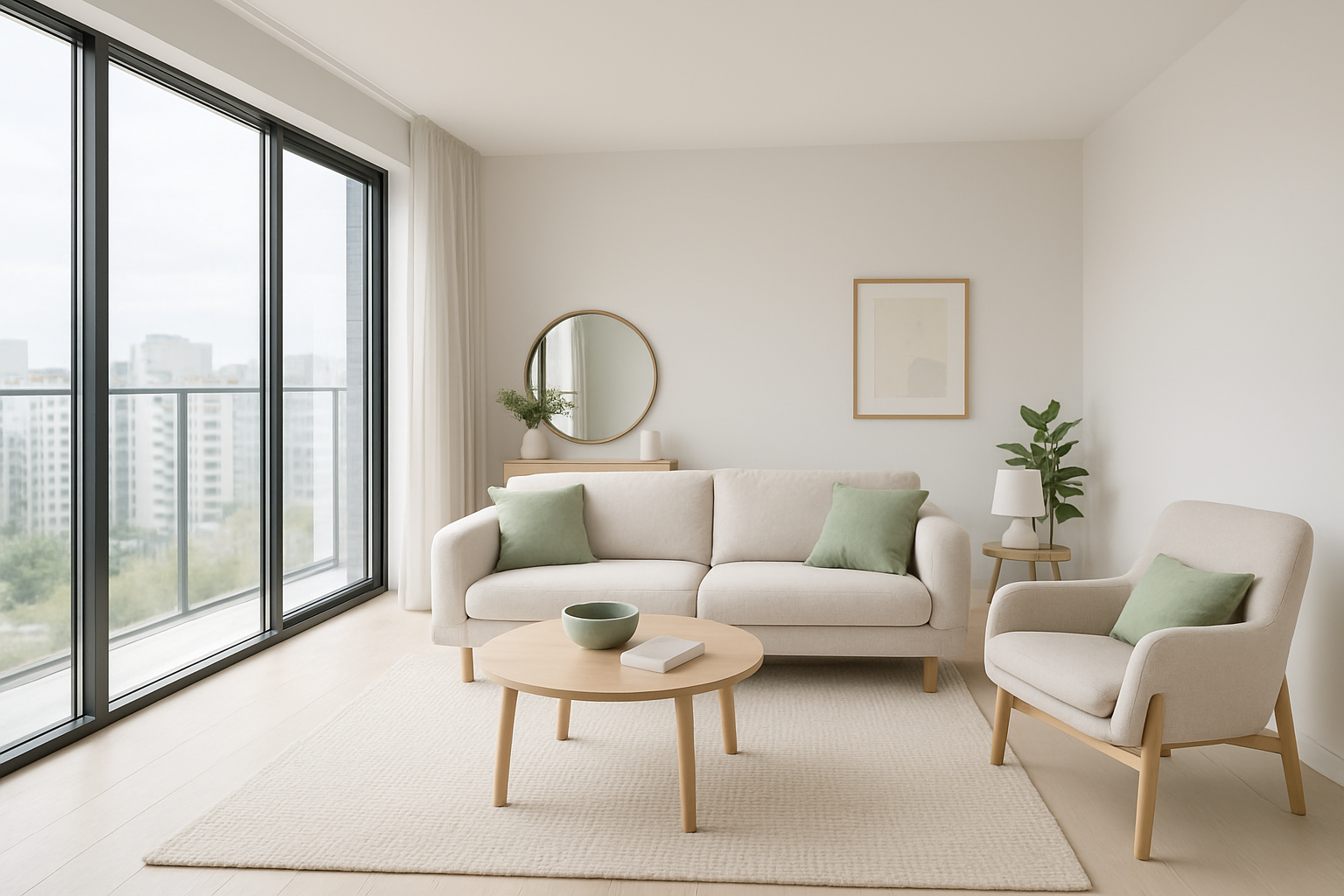 Bright modern Kyiv apartment living room with large windows and elegant neutral decor