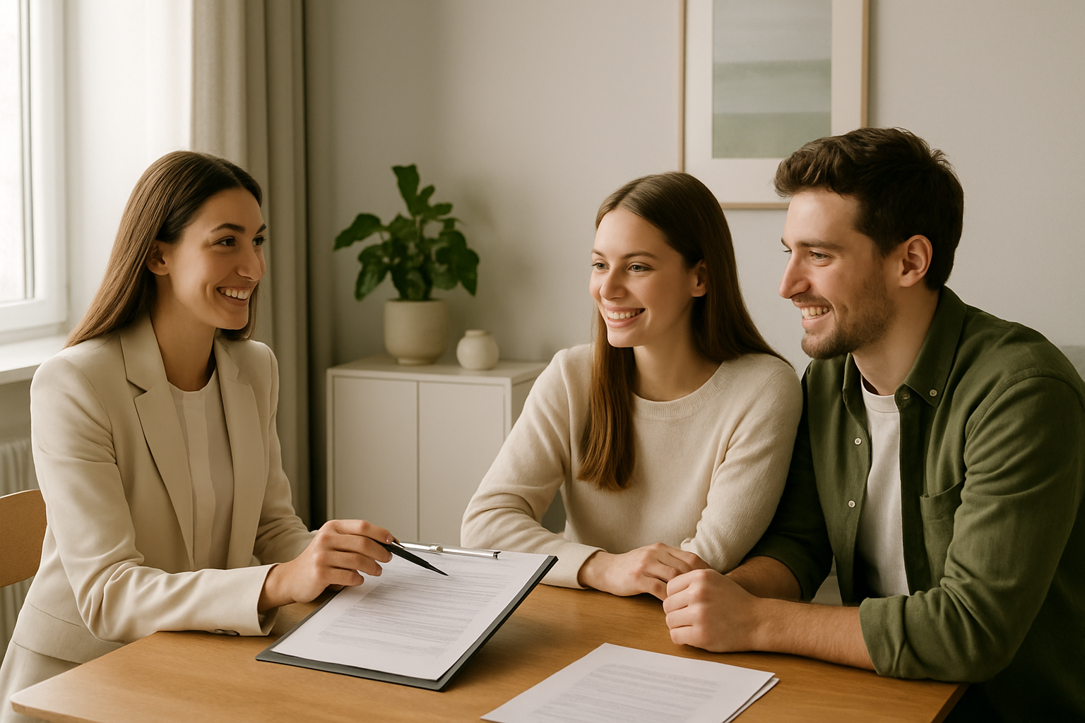 Real estate consultation in Kyiv apartment setting with agent and clients reviewing property details