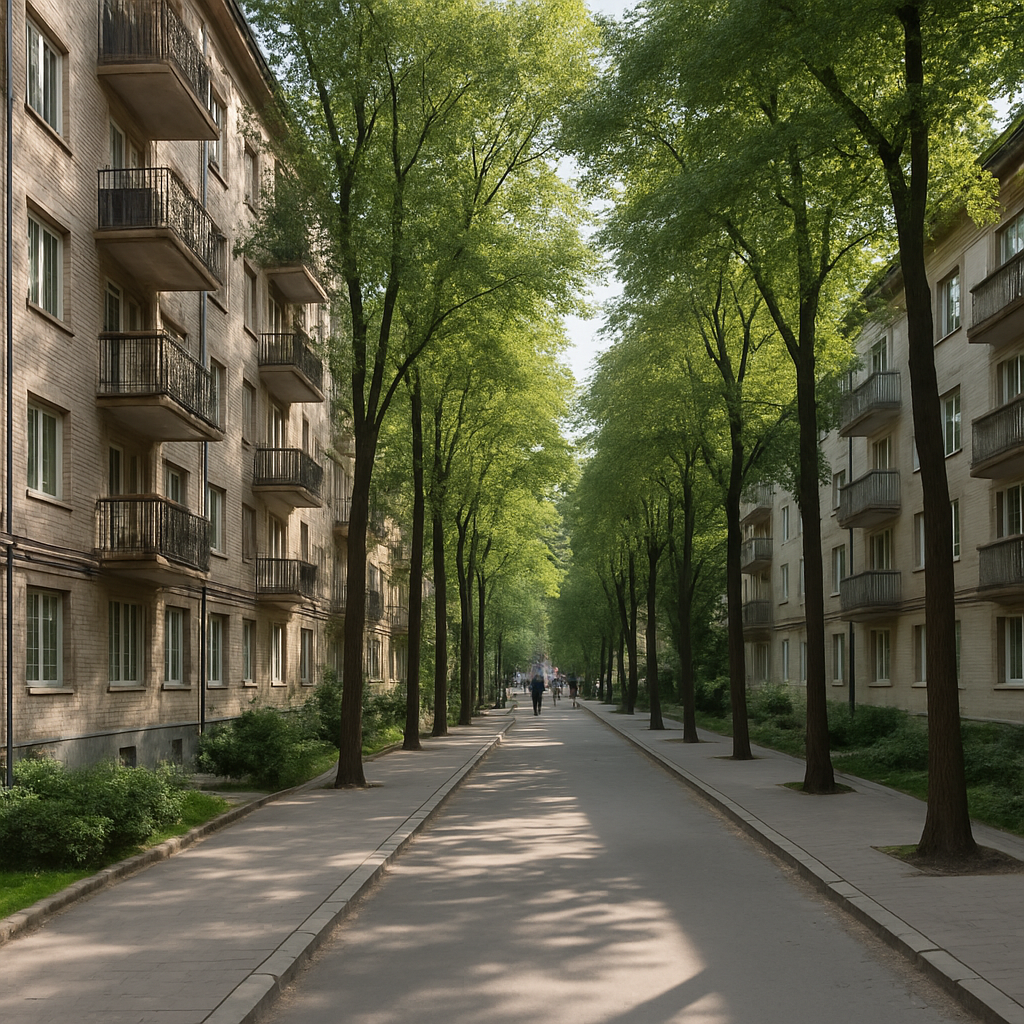 Walkable Kyiv neighborhood street with apartment buildings, trees, and morning light