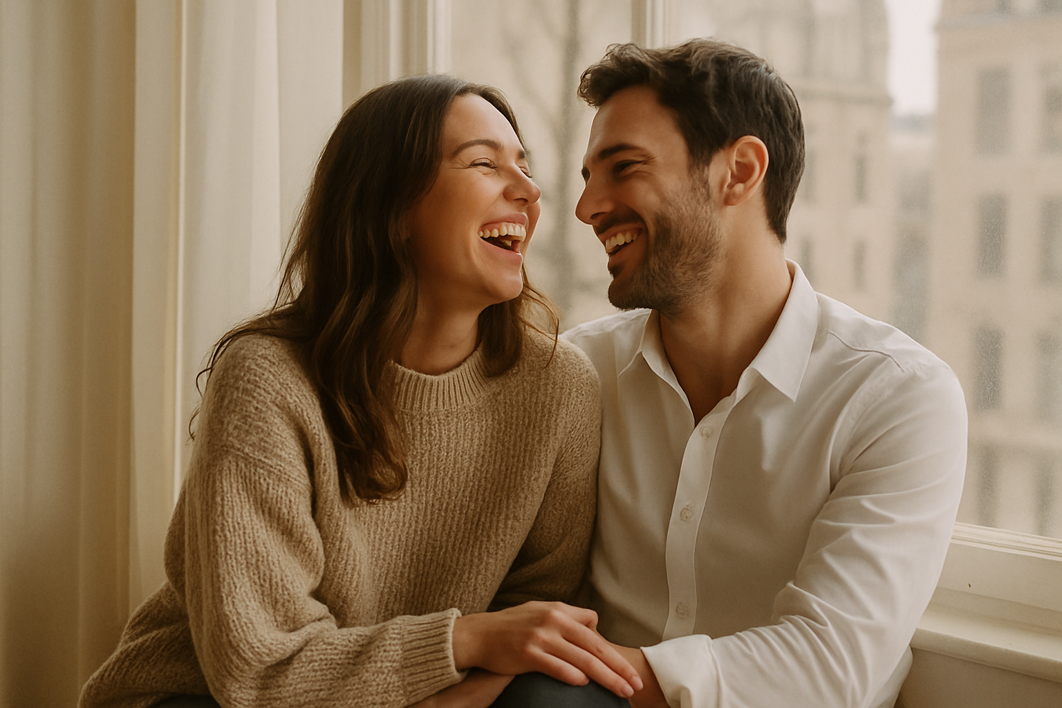 Couple sharing a quiet laugh by a sunlit window
