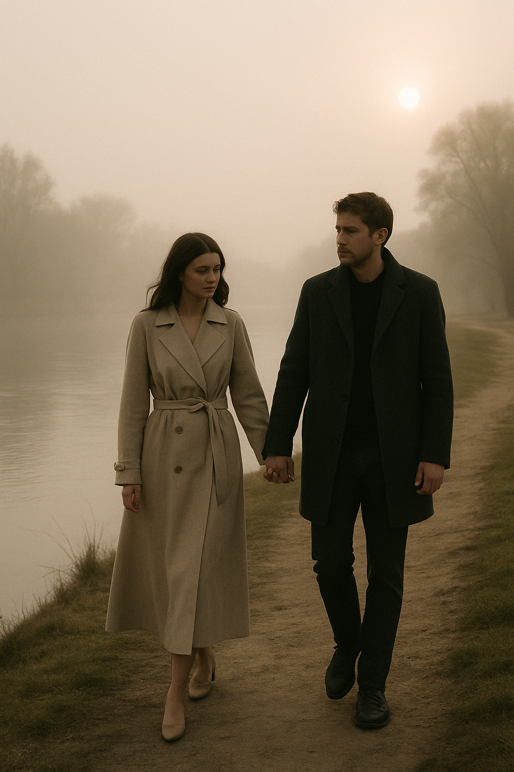 Couple walking hand in hand on a misty river bank