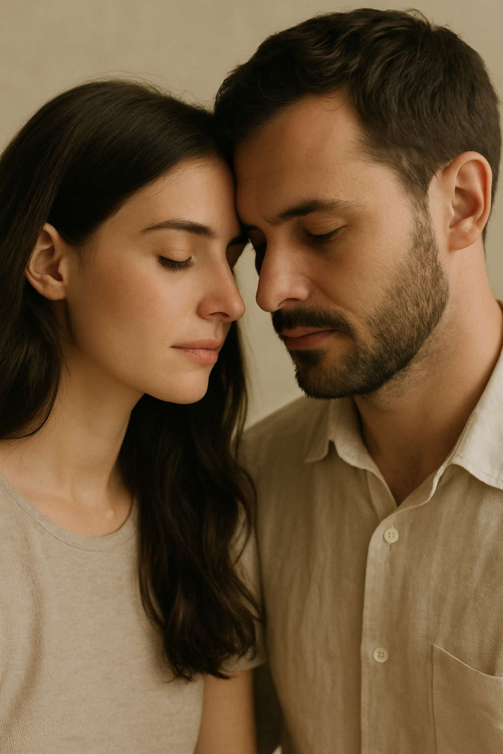 Close portrait of a couple foreheads touching