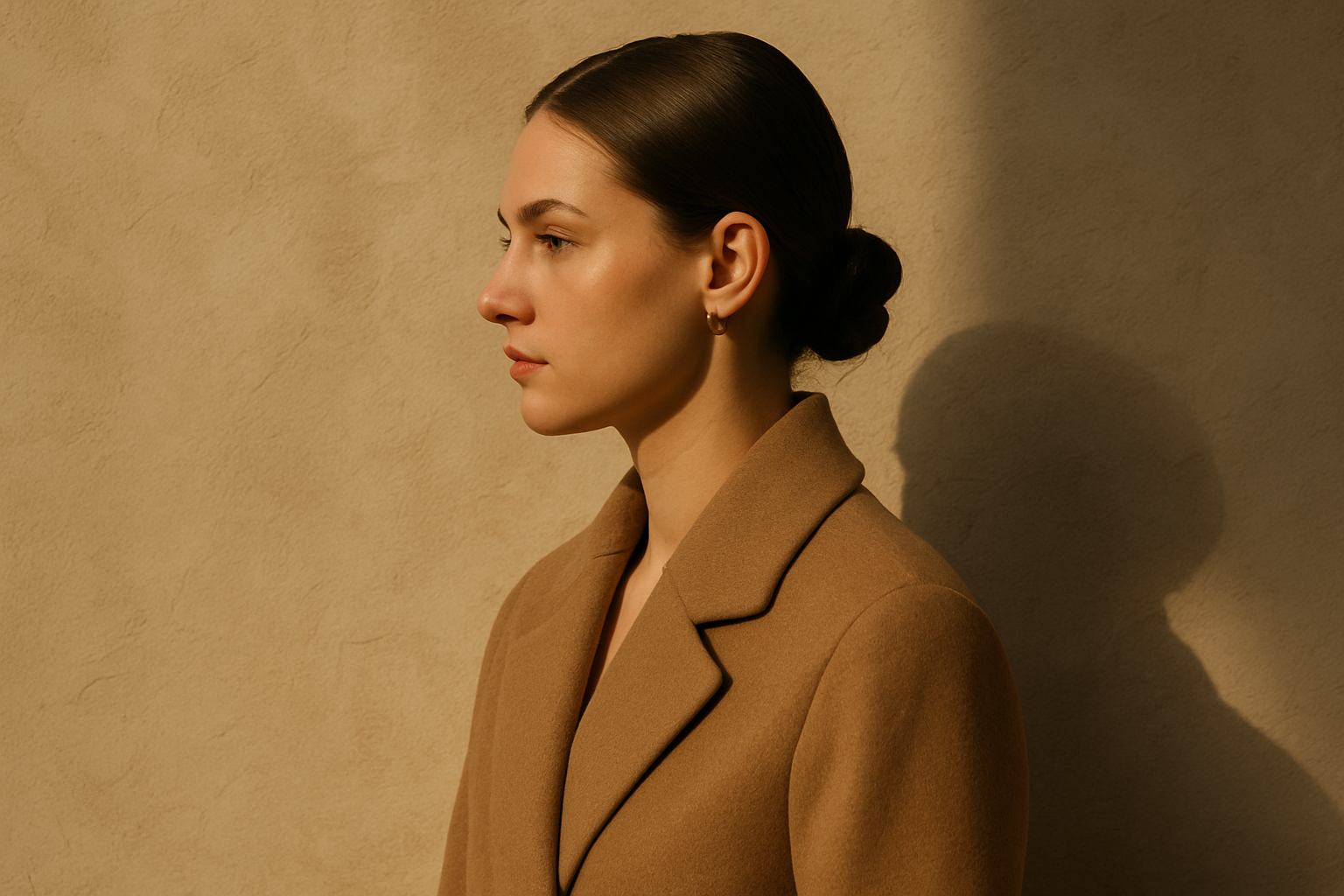 Editorial portrait of a woman in a camel coat against a plaster wall