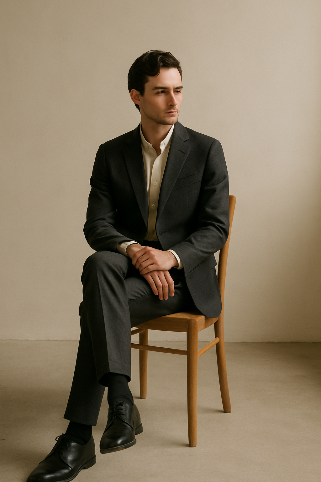 Man in a charcoal suit seated on a minimal wooden chair