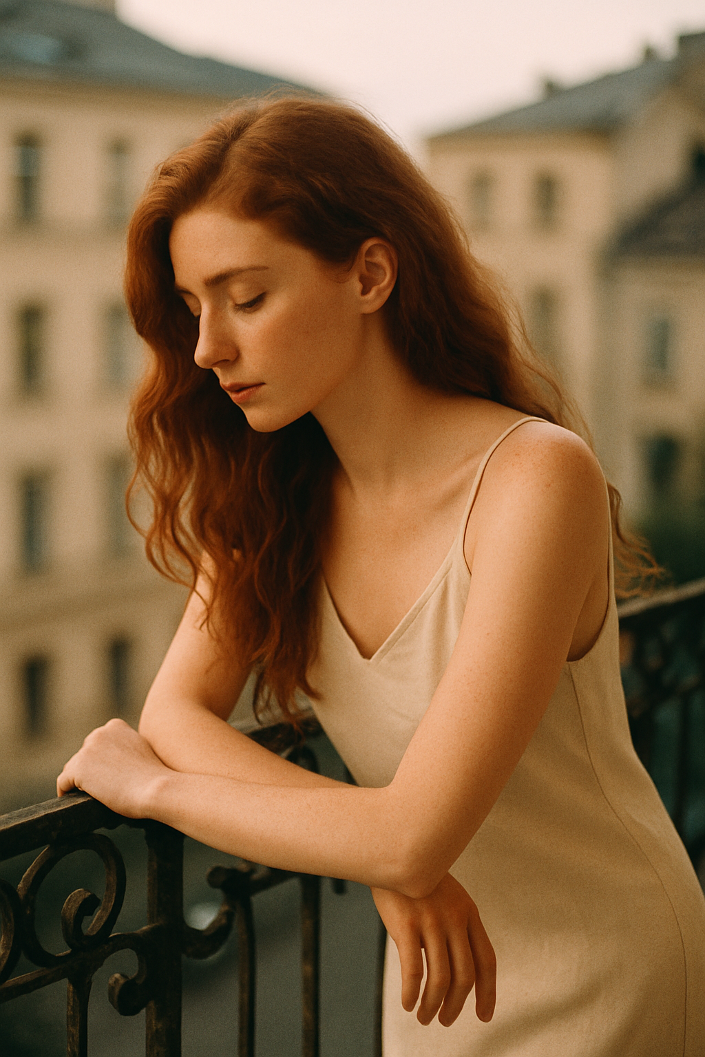 Film-toned portrait of a woman in a linen dress on a balcony