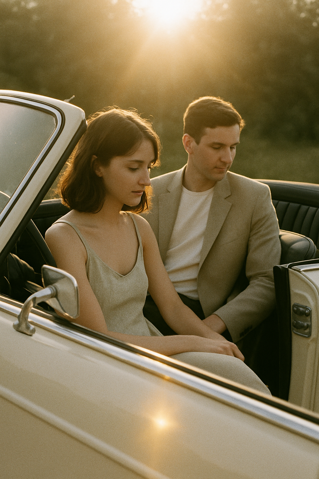 Grainy film frame of a couple in a vintage car