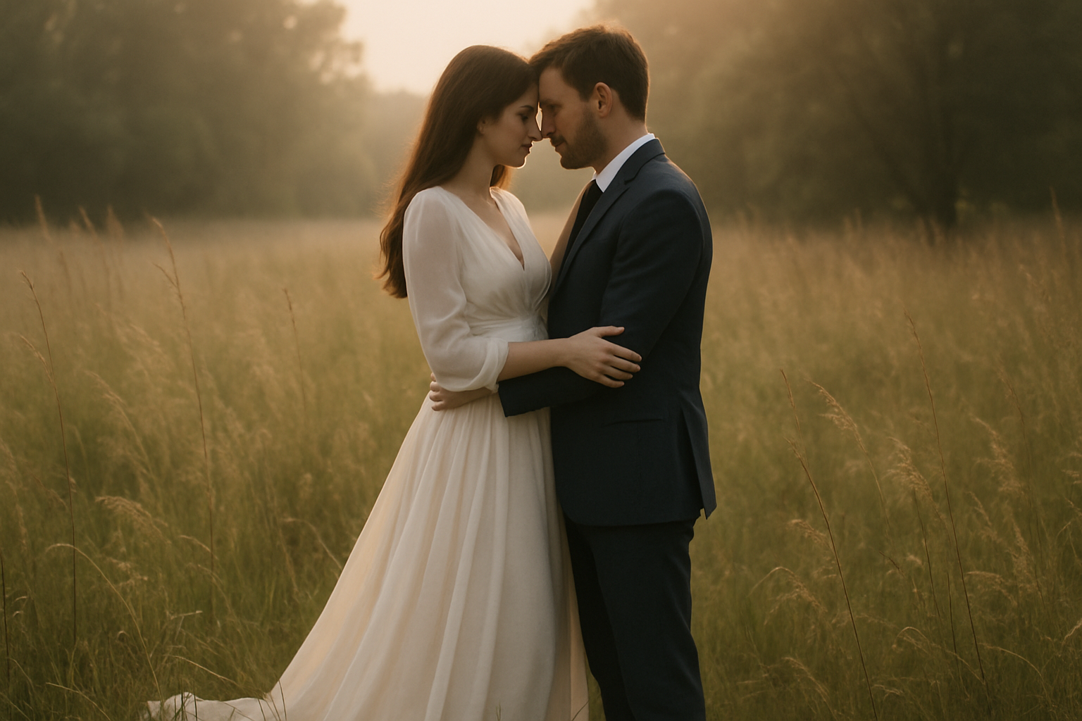 Bride and groom embracing at golden hour in a meadow