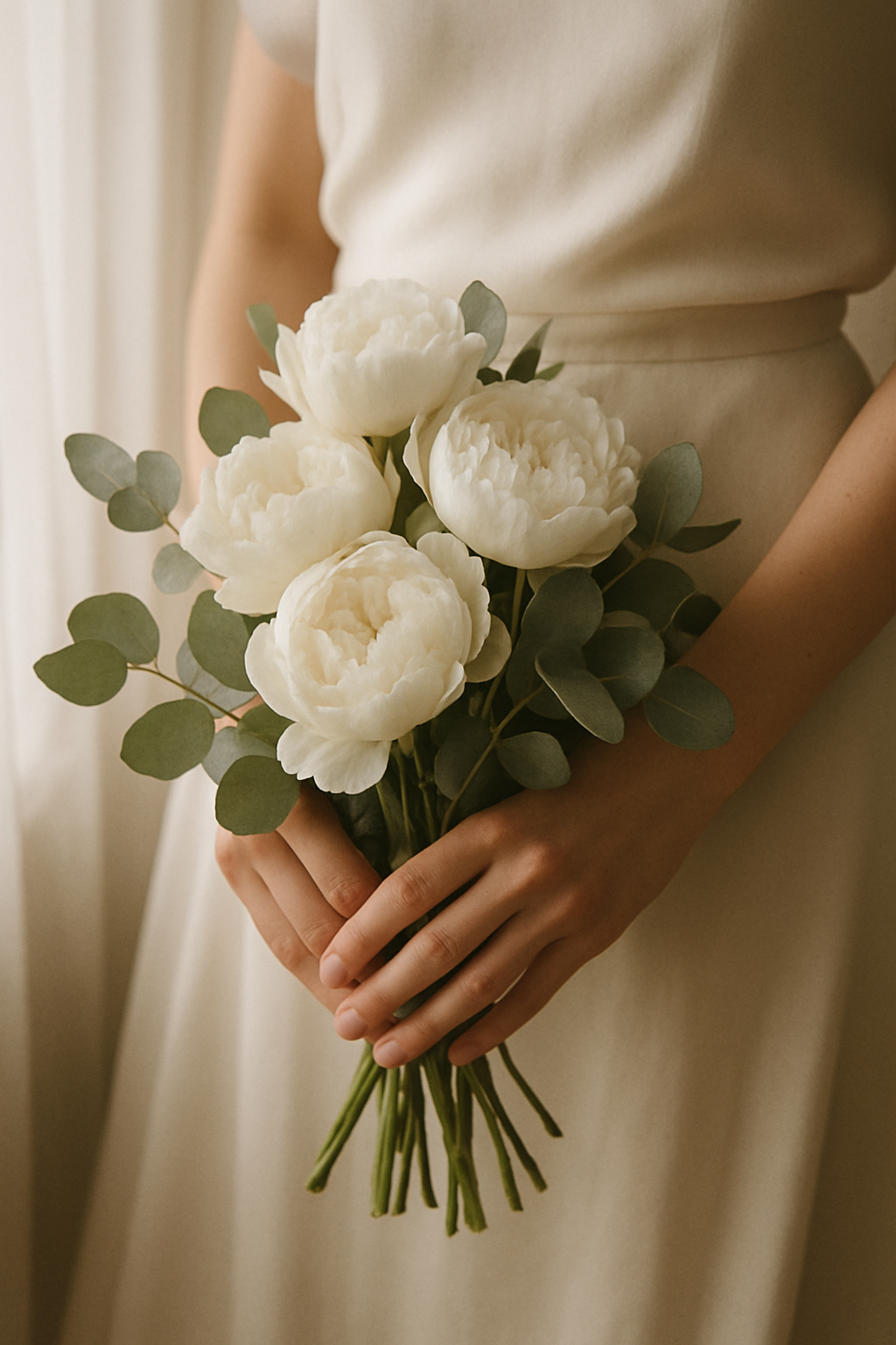 Bride's hands holding a white peony bouquet