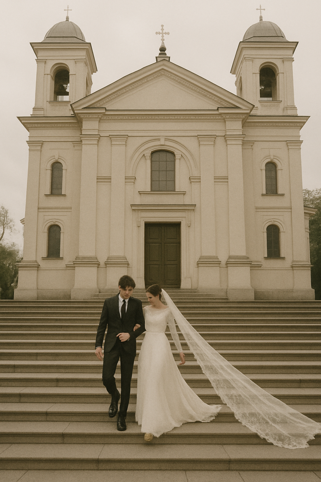 Newlyweds walking down a Kyiv cathedral staircase