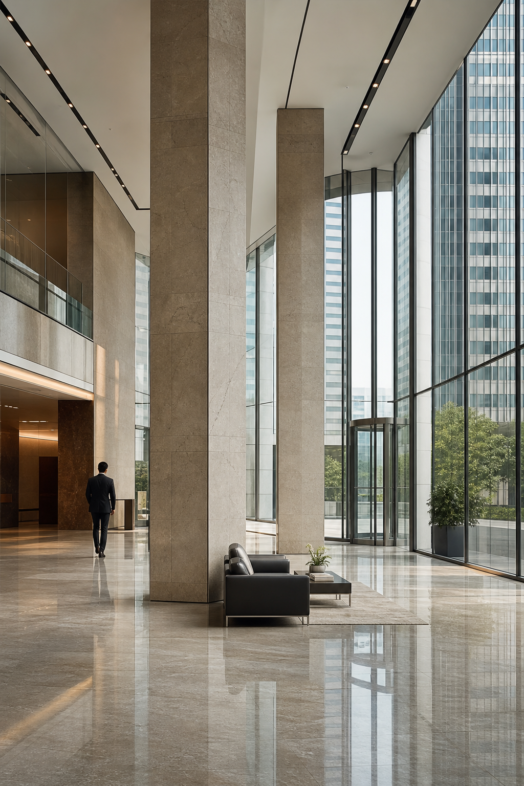 Modern executive tower interior with stone columns, glass walls, and quiet corporate lighting