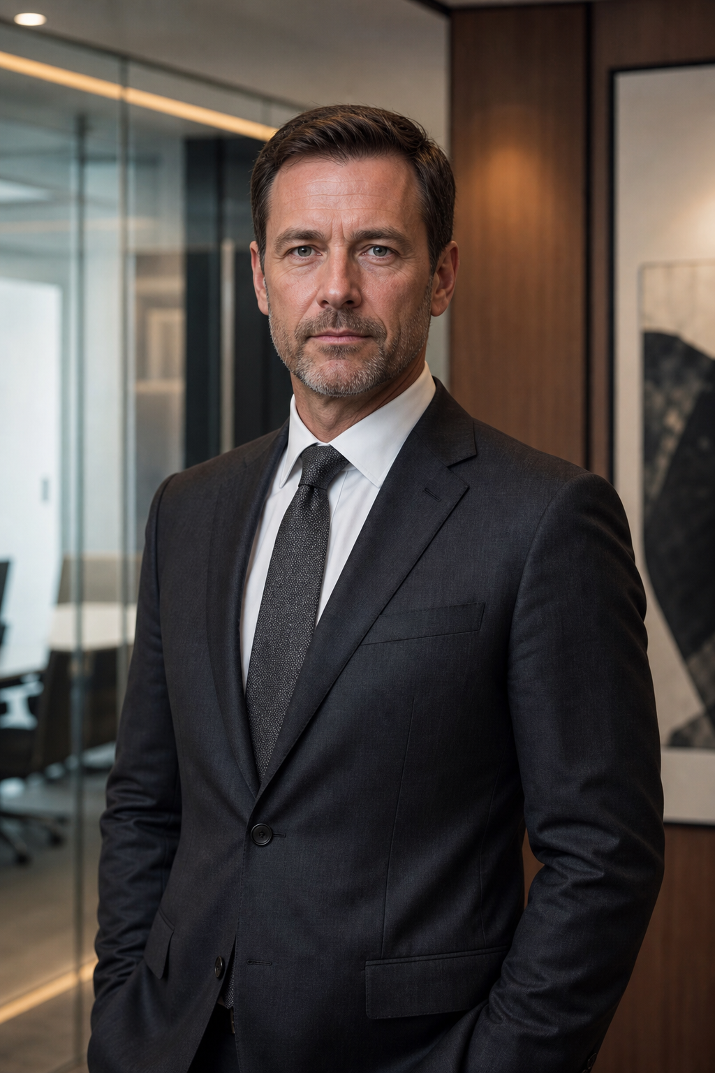 Formal executive portrait of Matteo Richter in a charcoal suit with understated tie before a modern corporate interior