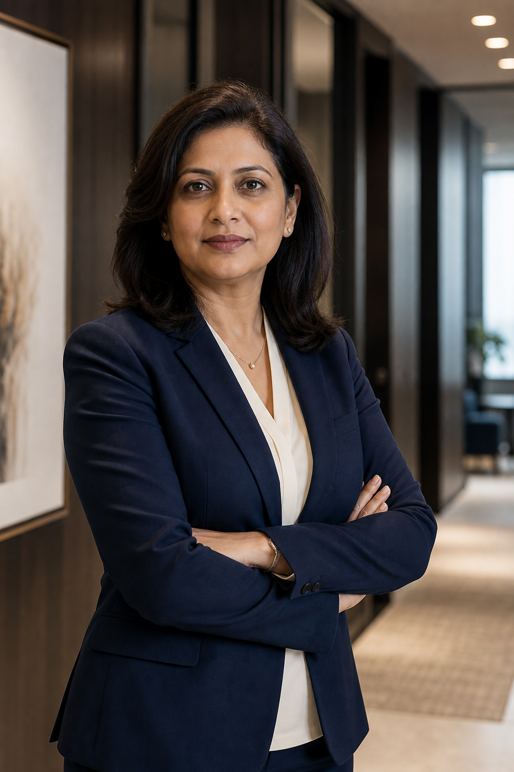 Formal executive portrait of Priya Narayanan wearing a structured navy blazer in a professional legal office setting
