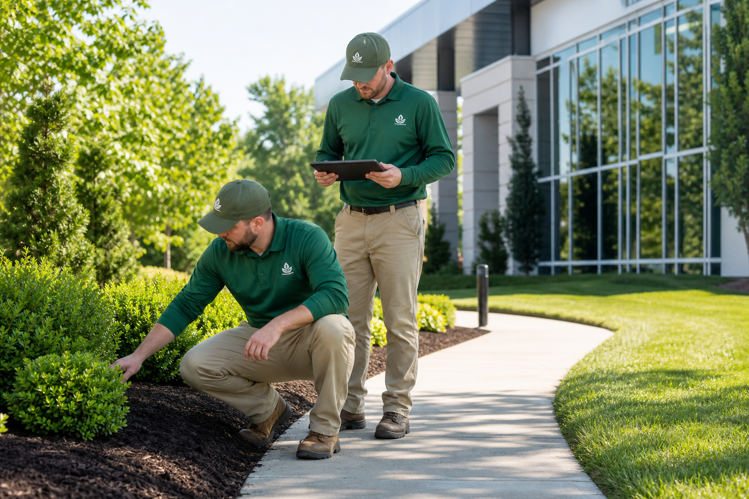 Landscaping professionals inspecting a manicured property with neat hedges and fresh mulch