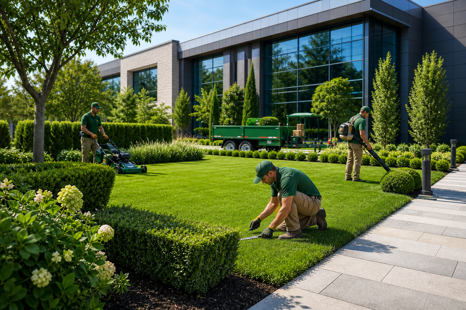 Premium landscaping crew finishing a green lawn with manicured hedges, stone walkway, and modern commercial building in the background
