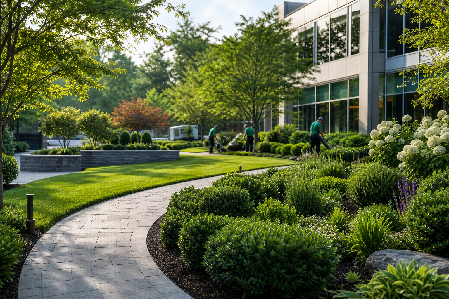 A lush commercial property with manicured lawns, stone walkways, and layered planting beds maintained by a landscaping crew