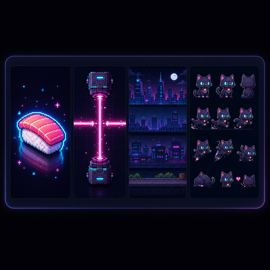 A horizontal strip of generated game assets including a glowing sushi icon, laser obstacle, neon city skyline tiles, and an animated cat sprite sheet