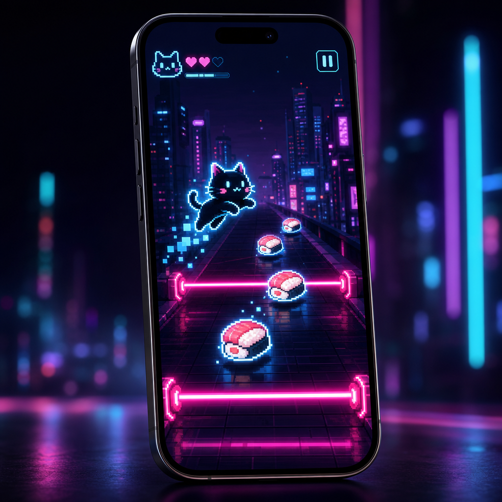 A sleek mobile phone mockup showing a neon pixel cat leaping over pink laser beams while collecting glowing sushi pieces in a portrait-mode runner game