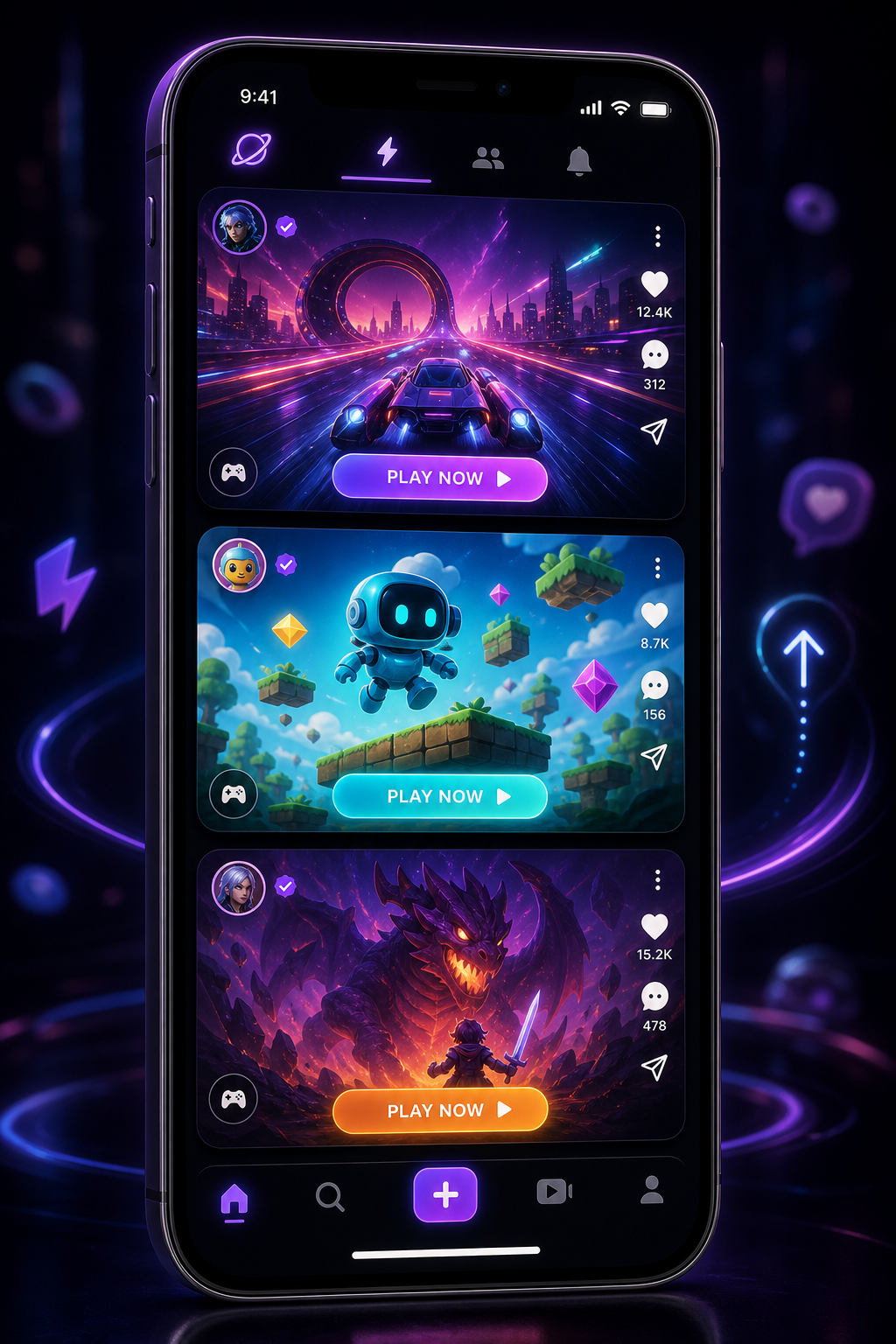 Portrait mobile mockup showing a vertical feed of colorful playable cards with swipe indicators, glowing UI buttons, and social engagement icons.