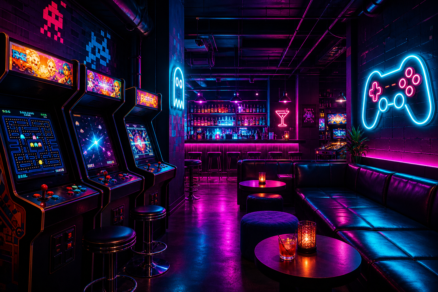 Neon-lit arcade bar interior with classic cabinets, glowing magenta and cyan lights, and a sleek lounge seating area