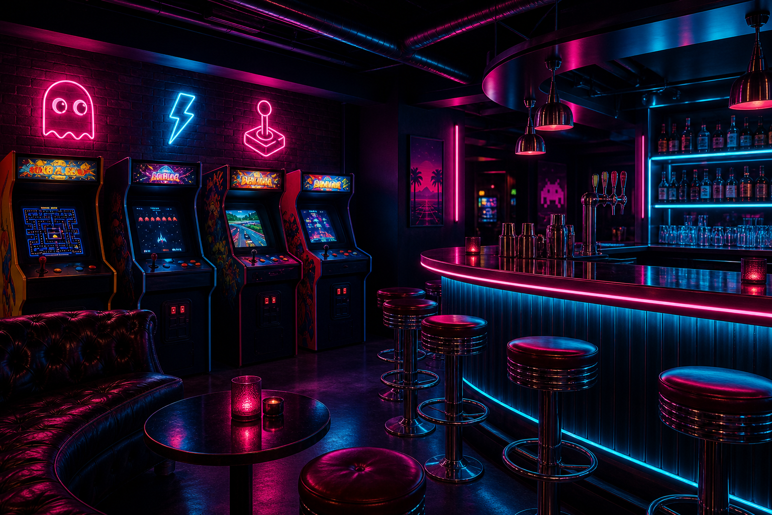 Moody neon-lit arcade bar lounge with glowing cyan and magenta lights, retro cabinets, and a cocktail bar
