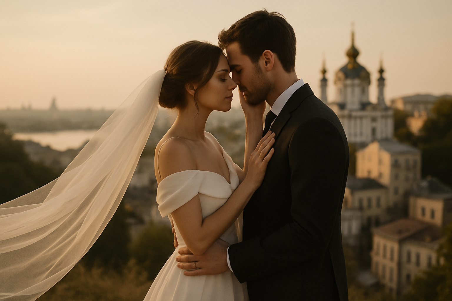 Romantic couple embracing in warm evening light