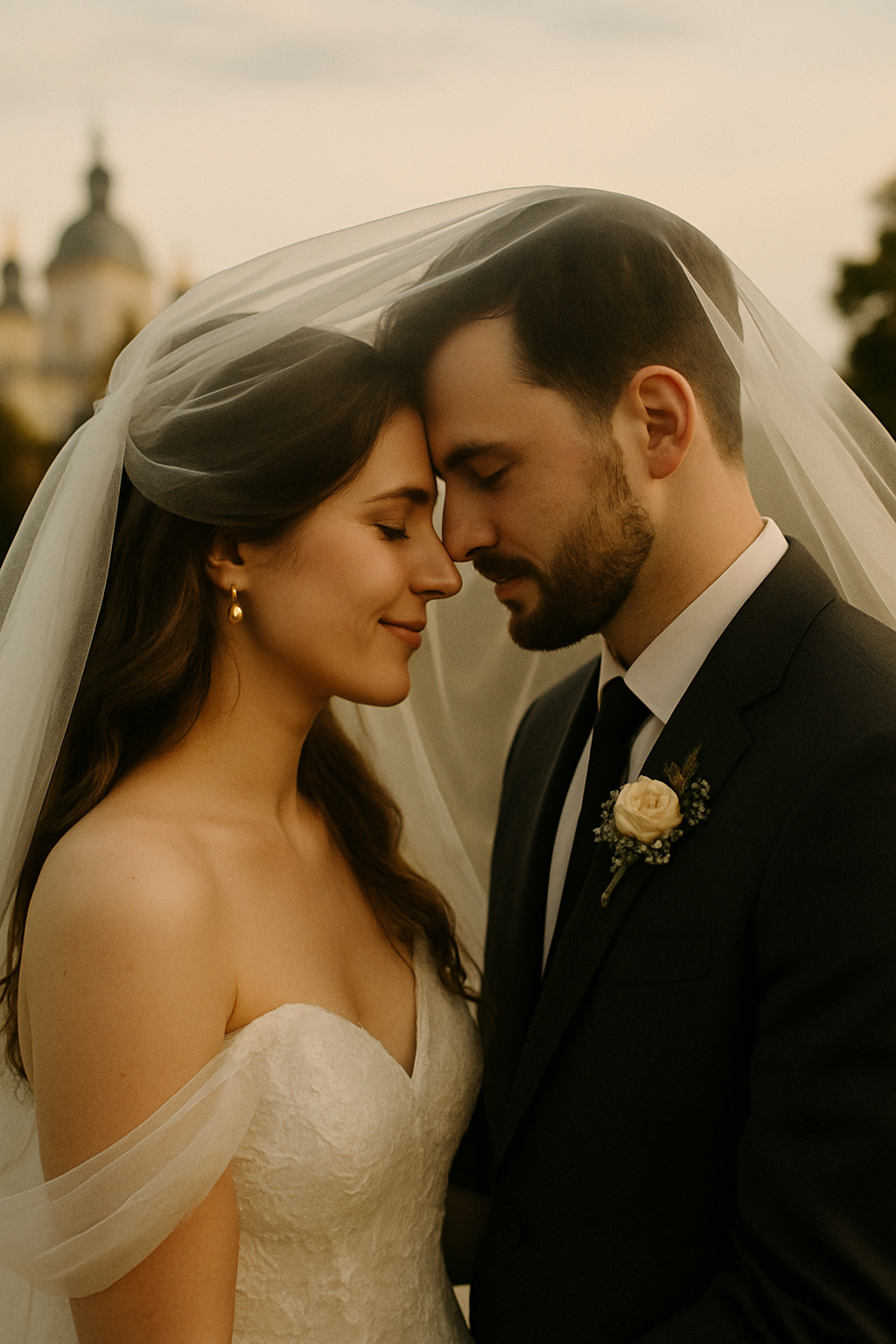 Bride and groom under a veil