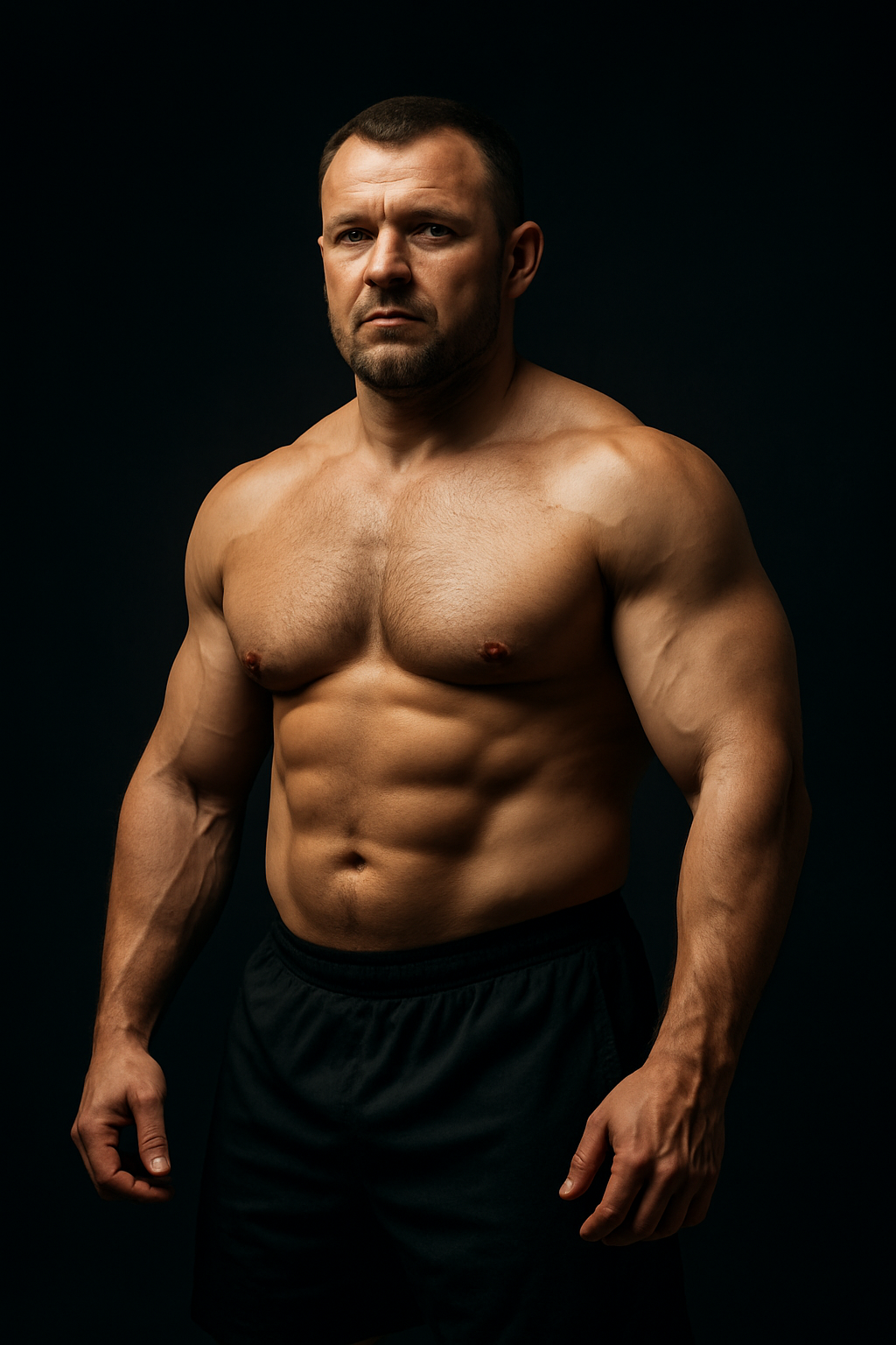 David after transformation, broad-shouldered muscular man with thick arms and chest in moody side light