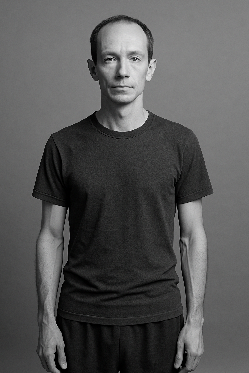 David before transformation, lean wiry man with narrow shoulders in plain t-shirt under flat studio light