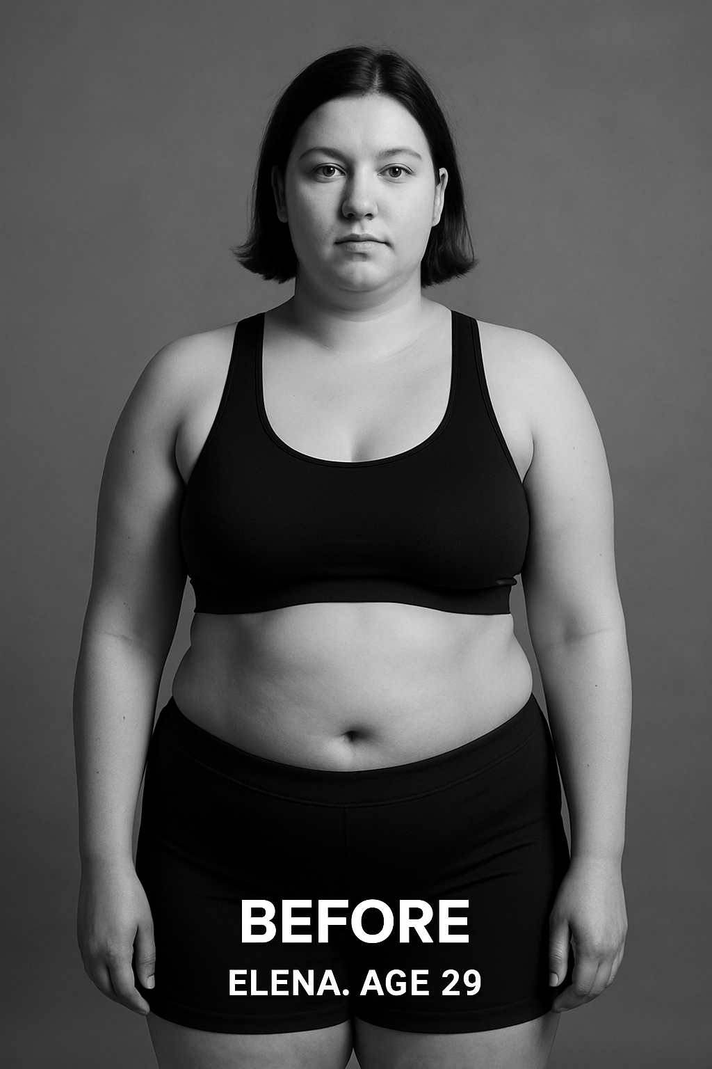 Elena before transformation, woman with soft build in plain athletic wear against neutral background