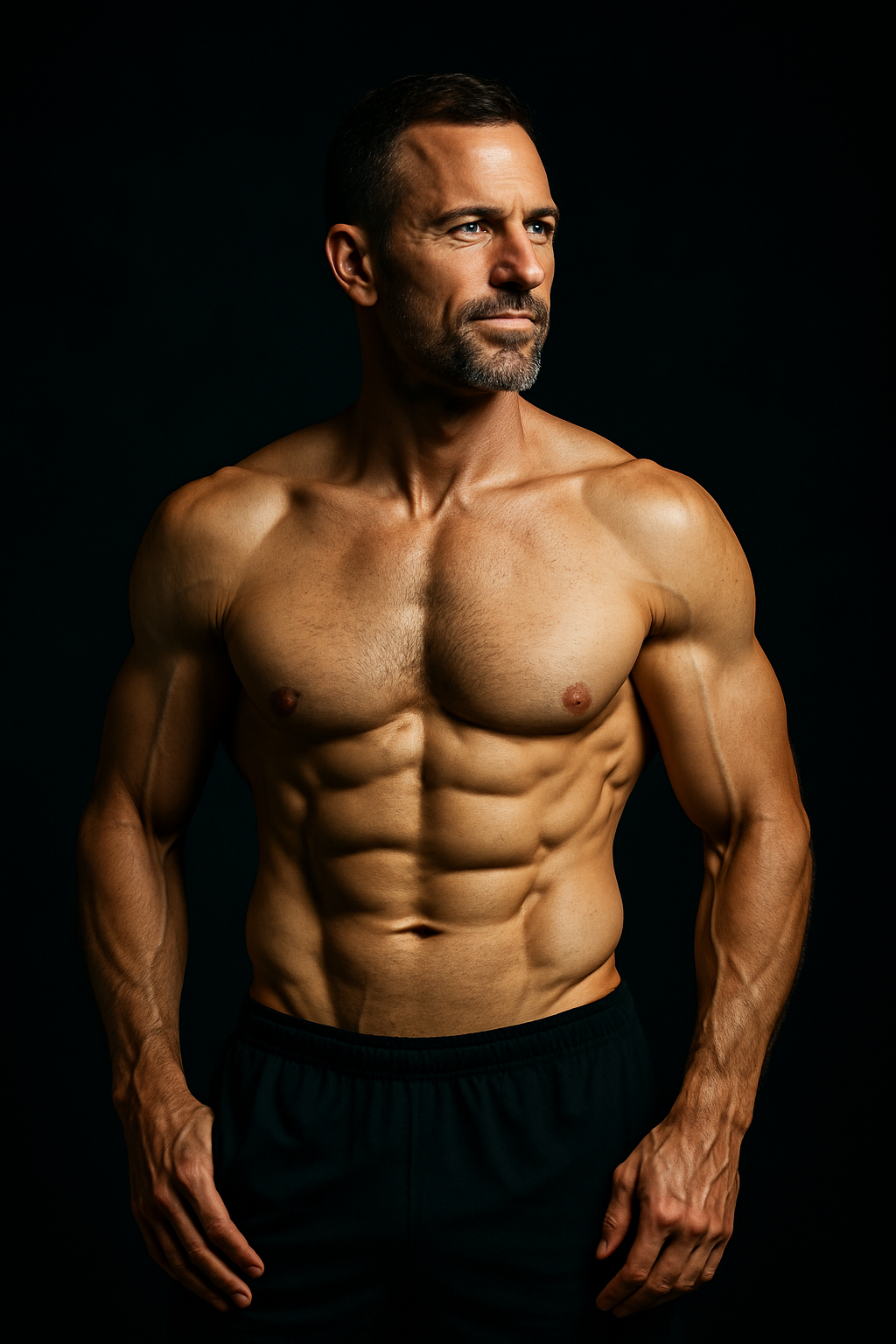 James after transformation, athletic man with carved abs and lean arms in dramatic high-contrast lighting