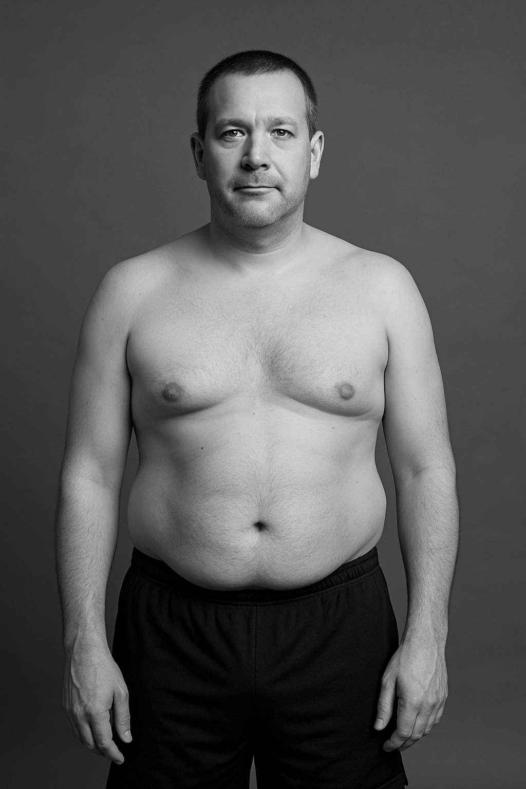 James before transformation, average build man with soft midsection wearing plain shorts in flat lit studio