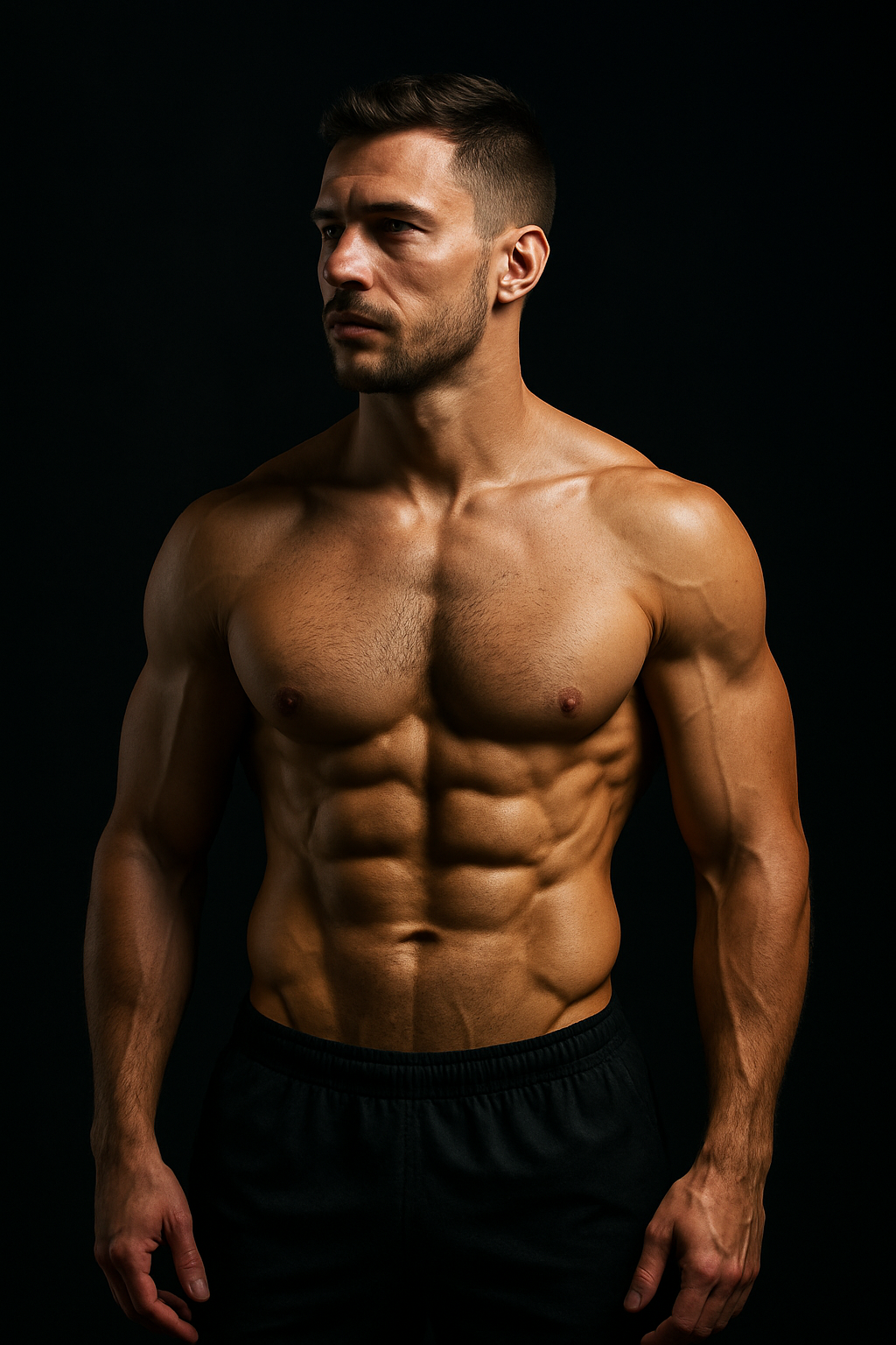 Marcus after transformation, lean muscular man with defined abs in dramatic side lighting