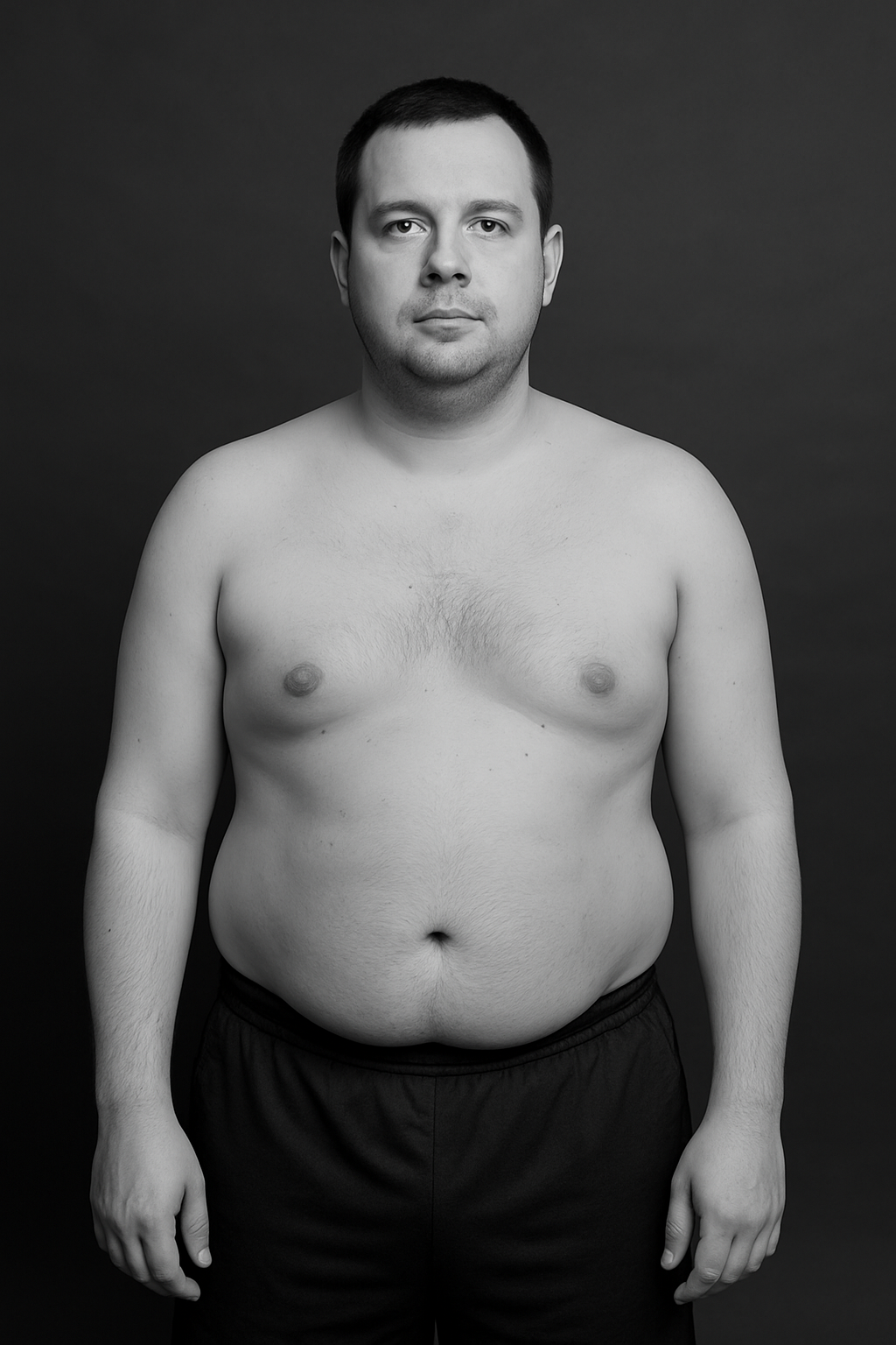 Marcus before transformation, athletic studio portrait of a man with average build standing against dark backdrop