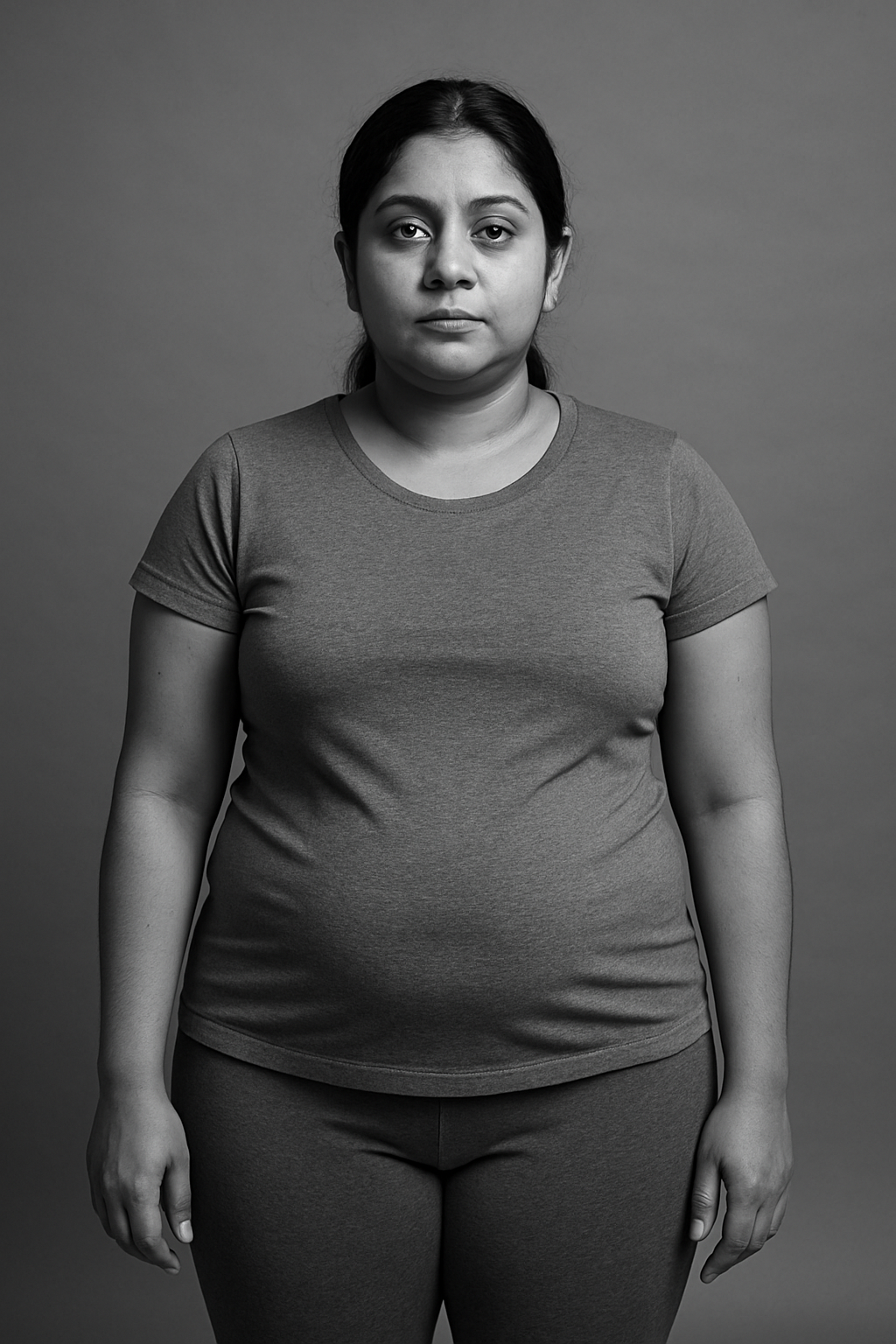 Priya before transformation, woman with rounded midsection in casual athletic clothing on neutral grey backdrop