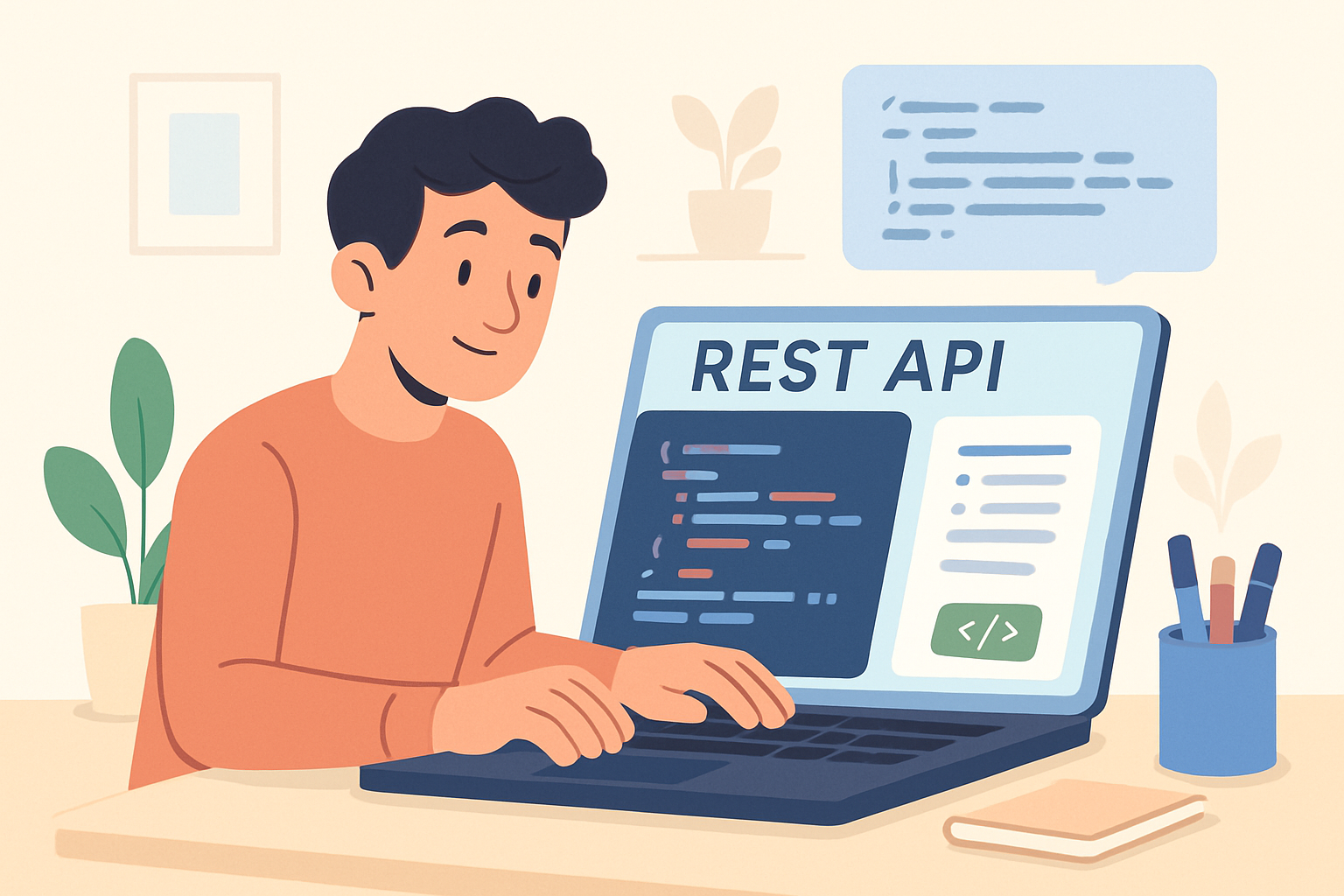 Illustration of someone building a REST API on their laptop, with helpful guides and code snippets on the screen.