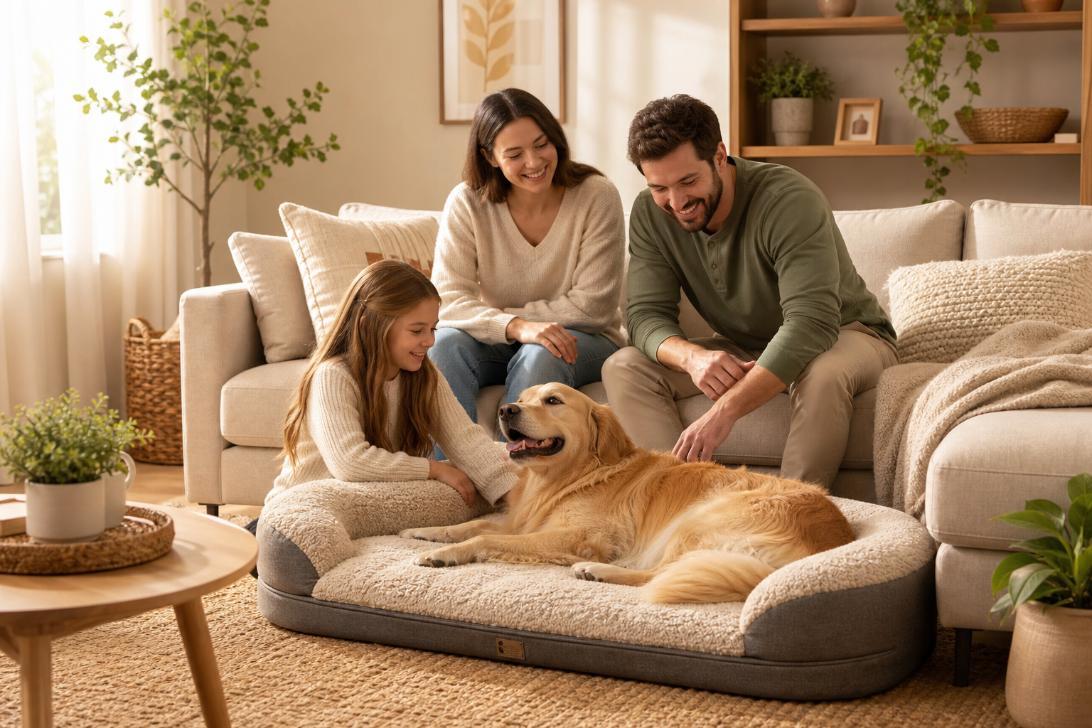 Bright cozy family living room with a pet-friendly comfort product in use near a sofa, natural daylight, and a relaxed dog resting nearby