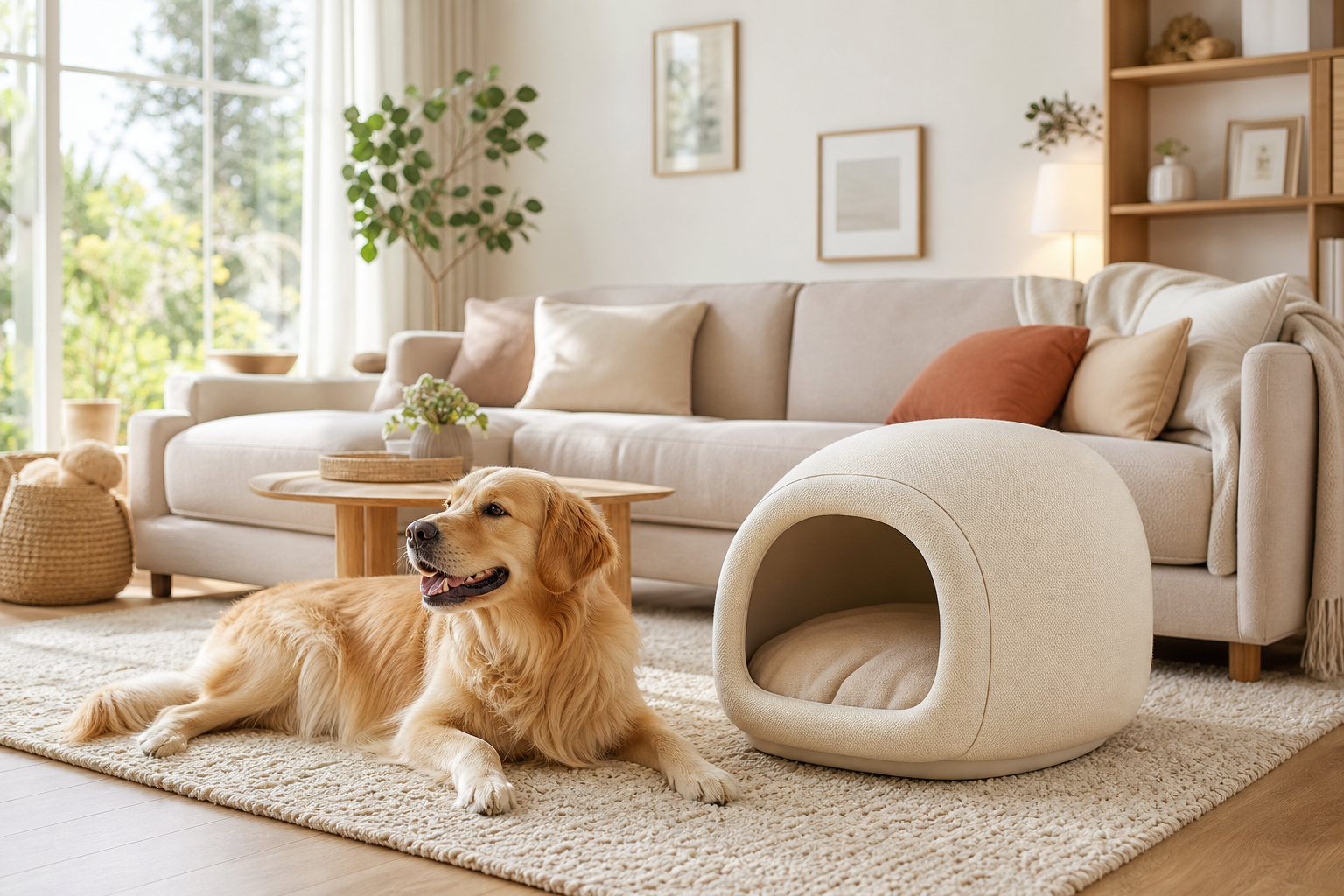 Bright living room with soft natural light, family-friendly decor, and the featured product placed neatly near a relaxed pet resting on a rug