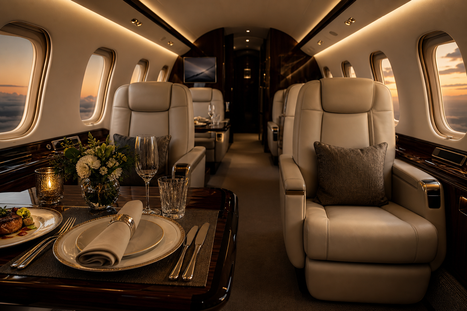 Luxurious private jet cabin with cream leather seats, warm lighting, and curated dining setup